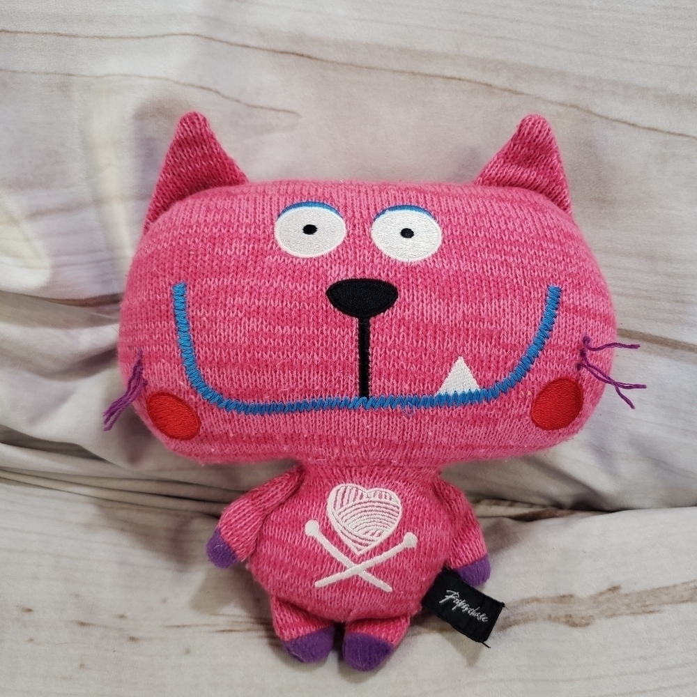 Paperchase Knit Pink Cat Plush Stuffed Toy Embroidered 7 Inch
